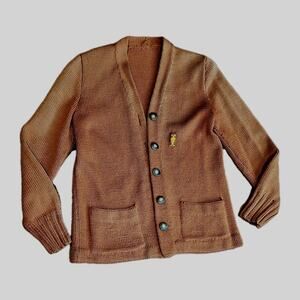 Vintage Women's Burnt Orange Knit Owl V-Neck Button-Front Cardigan Sweater XS/ S